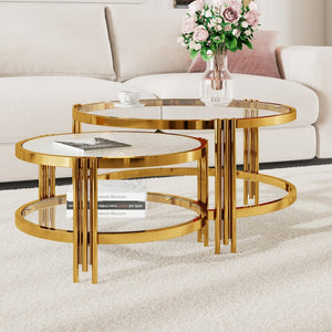 English Elm Modern Nesting Coffee Table Set Textured Tempered Glass Gold Tripod Base Living Room N735P354005A