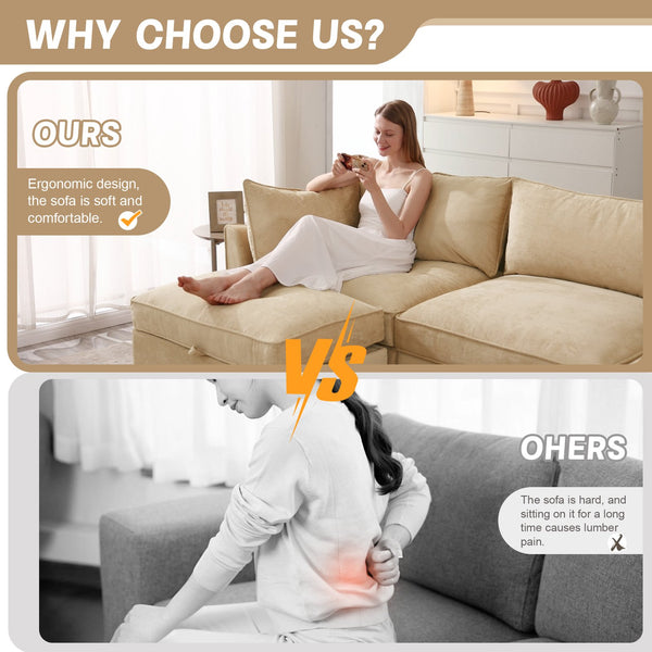 English Elm L-Shaped Modular Sofa With Movable Footstool, Cozy Crescent Armrests, Wheat Chenille Elegance W3041S00176