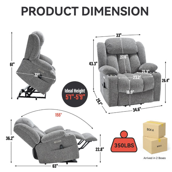 English Elm Up to 350 Lbs Chenille Power Lift Recliner with Massage Heat and Charging Ports W1803S00071