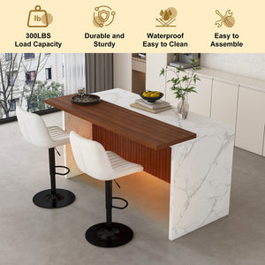 English Elm 63" Modern Kitchen Island Set With 2 Beige Bar Stools, White Marble Look, Led Lighting & Grill Design W2699S00074
