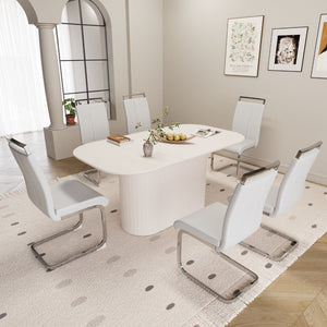 English Elm 63 Inch Mdf Dining Table and Six Pu Leather Chair Set for Modern Interiors W2189S00883