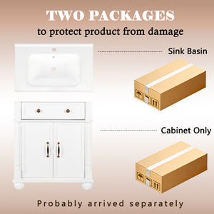 English Elm 27.8" Mid-century Freestanding Bathroom Vanity with Ceramic Sink Drawer and Wood Base White W1801S00006