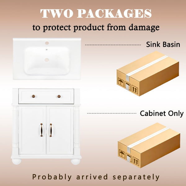 English Elm 27.8" Mid-century Freestanding Bathroom Vanity with Ceramic Sink Drawer and Wood Base White W1801S00006