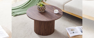English Elm A modern circular coffee table Walnut 27.5" MDF top with cylindrical Roman legs, hidden storage, vintage flair W1151P270614
