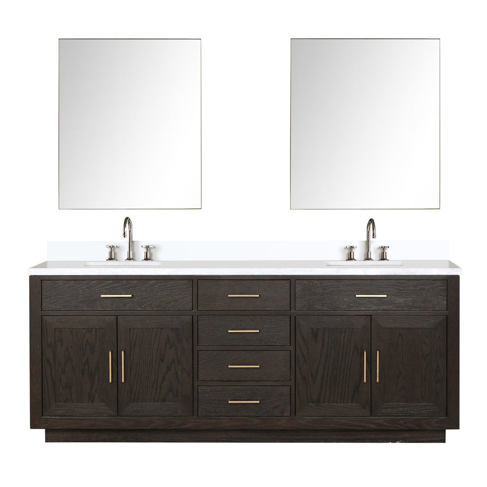 English Elm Brown Oak Double Bath Vanity Set With Cultured Marble Top, Chrome Faucets & 36" Mirrors, 84" W B2731S01816