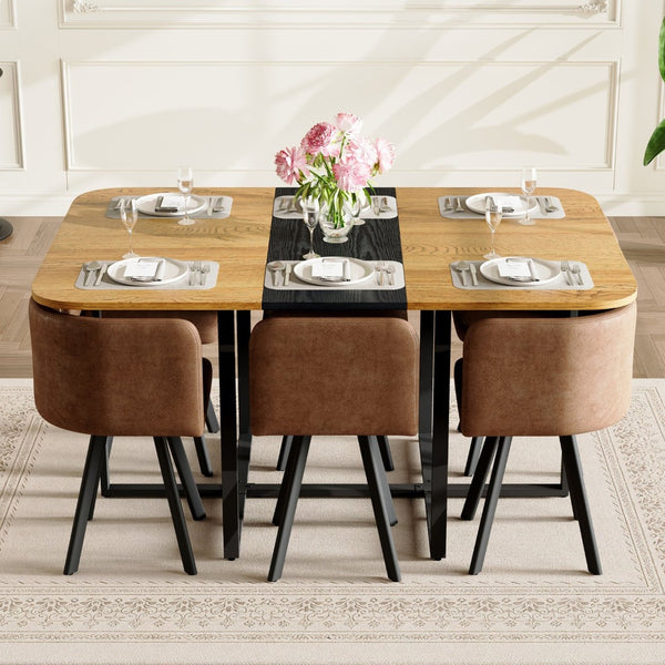 English Elm 7-piece Rectangular Dining Set Two-tone Wood Tabletop with Six Suede Chairs Modern W3875S00125
