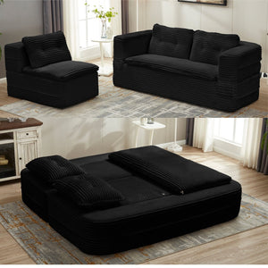 English Elm Multi Purpose Corduroy Sectional with Chaise Converts to King Floor Bed Deep Seat Black W3219S00007
