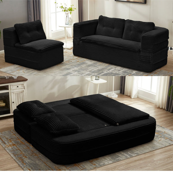 English Elm Multi Purpose Corduroy Sectional with Chaise Converts to King Floor Bed Deep Seat Black W3219S00007