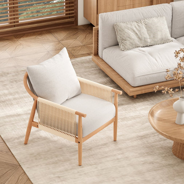 English Elm Braid Armchair Mid Century Modern Linen Wood Accent Chair with Ergonomic Support and Plush Cushioning Beige T3623P409102