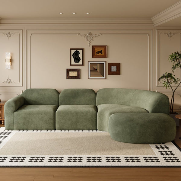 English Elm 111" Curved Sectional Sofa Set Plush Lamb Wool Upholstery Deep Seat Ottoman Lounge Green N767P371305G