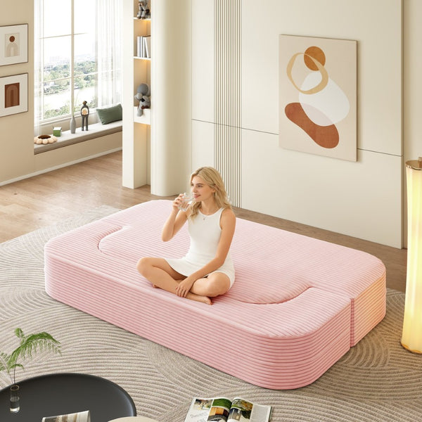English Elm 78.7" Plush Corduroy Convertible Sleeper Sofa with Tufted Back and Foldable Floor Bed Baby Pink W3219P410144