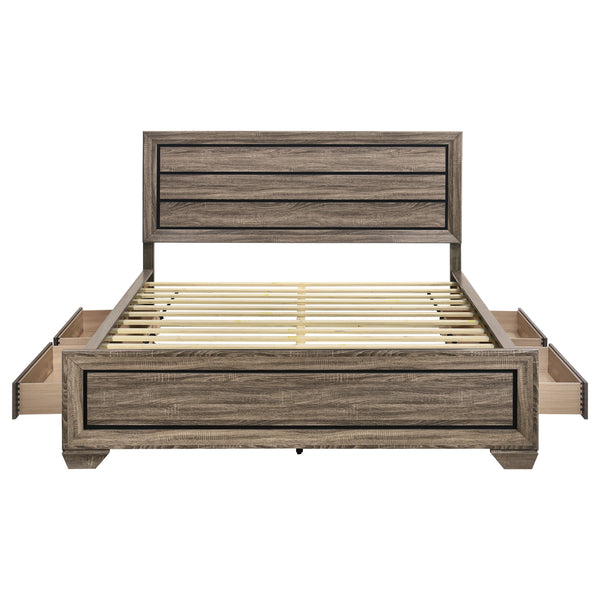 English Elm Carbon Washed Taupe Panel Storage Bed California King with Slatted Frame, Built-In Drawers, Rustic Modern Elegance B062S00688