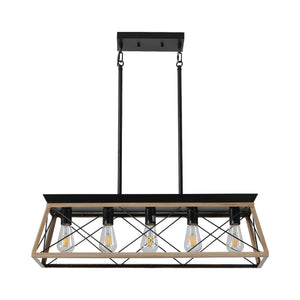 English Elm 32" Oak Industrial 5-Light Pendant Chandelier Rustic Metal Cage, Height Adjustable, E26 Compatible, UL Listed W2312P368671
