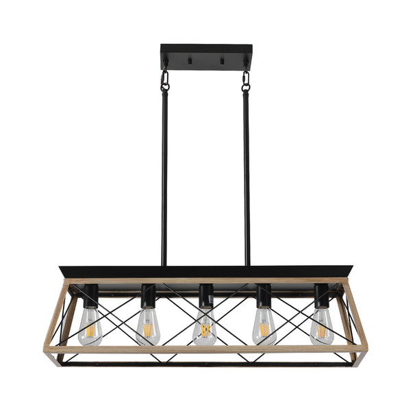 English Elm 32" Oak Industrial 5-Light Pendant Chandelier Rustic Metal Cage, Height Adjustable, E26 Compatible, UL Listed W2312P368671