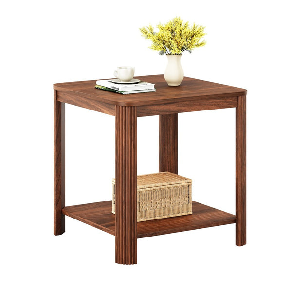English Elm Rounded Square End Tables Set of 2 Boho Walnut with Wave Legs and Open Shelf W5563P449956