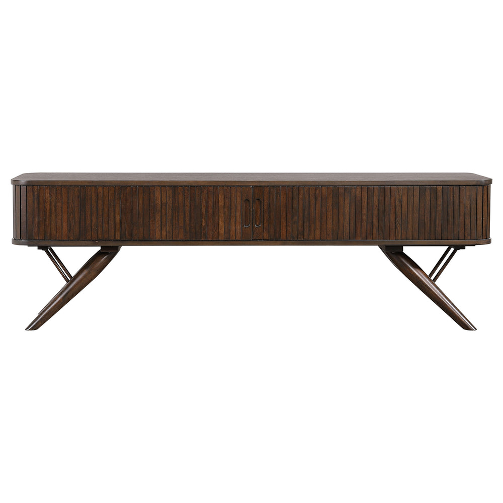 English Elm Stewart Walnut TV Stand with Sliding Door Fronts, Mid-Century Console Table, Cord-Managed Shelf, Ribbed Detail B062P354057
