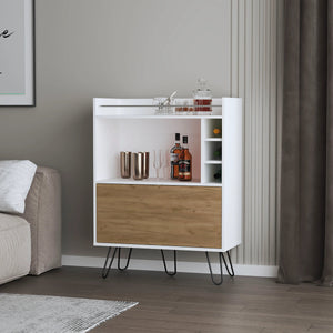 English Elm Wine White and Ash Wood Bar Cabinet with Drop-Down Door, Dual Shelves & Dedicated Wine Storage, Modern Appeal B062P290283
