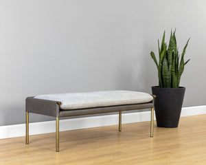 Sunpan Bellevue Upholstered Bench with Antique Brass Frame - Stylish, Unique Textures for Modern Spaces Belfast Heather Grey / Bravo Ash