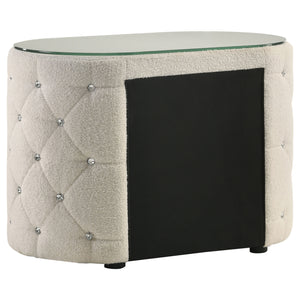 English Elm Santiago Ivory boucle oval nightstand with acrylic tufting, tempered glass top, 2-drawer compact storage B062P375537