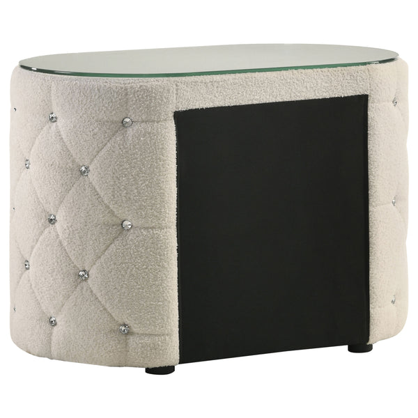 English Elm Santiago Ivory boucle oval nightstand with acrylic tufting, tempered glass top, 2-drawer compact storage B062P375537