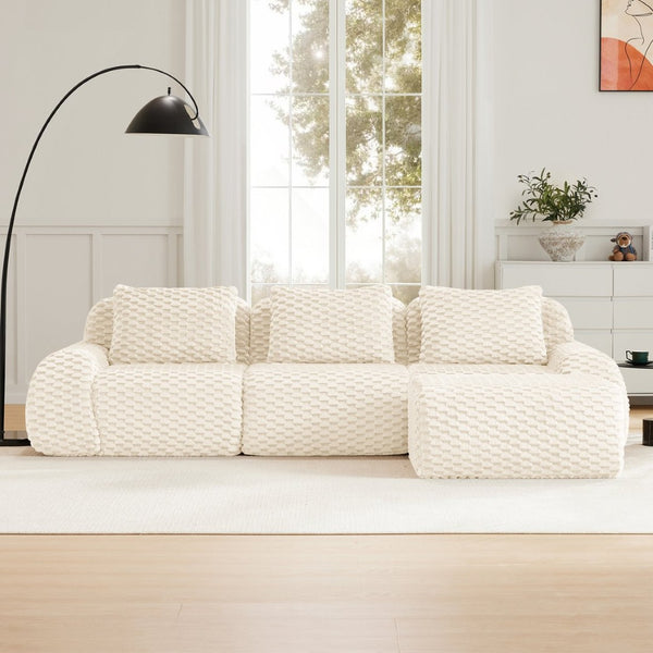 English Elm 114" Modular L-shaped Sectional Flannelette Sofa with Ottoman for Spacious Living Rooms Cream W714S01519