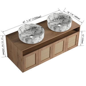 English Elm 48" Floating Bathroom Vanity Oak Finish Dual Ceramic Sinks Four Soft Close Doors W999S00494