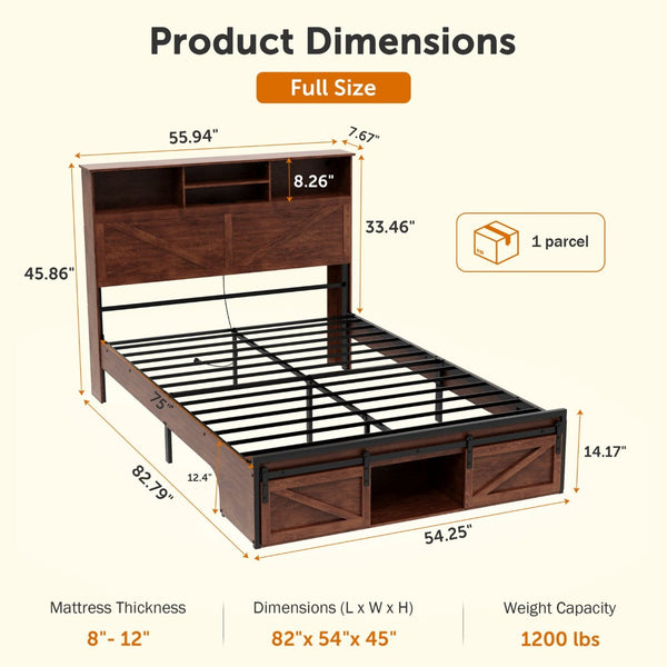 English Elm Farmhouse Full Bed with Storage Headboard Led Lighting and Built-in Charging Station W1550P343687