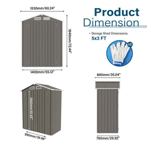 English Elm 5x3 Ft Galvanized Steel Outdoor Storage Shed with Peaked Roof and Lockable Door W3213P309352