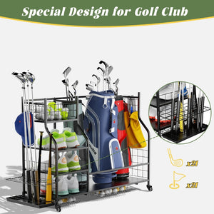 English Elm Golf Bag Storage Rack for Garage Holds 3 Bags with Wheels Hooks and Club Display T3210P392617