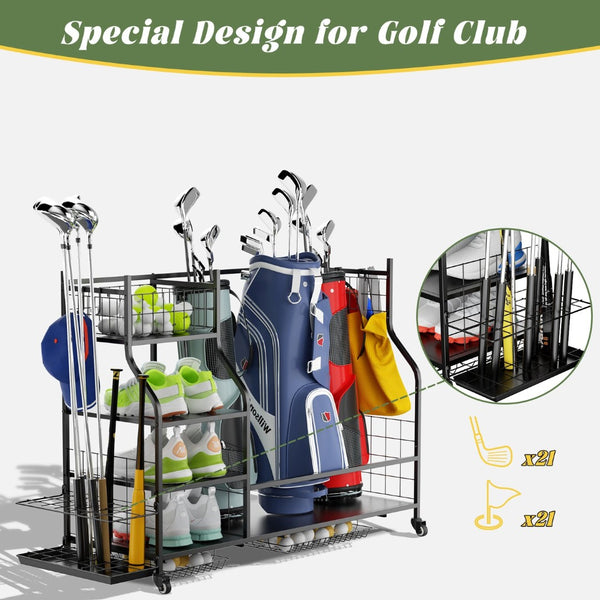 English Elm Golf Bag Storage Rack for Garage Holds 3 Bags with Wheels Hooks and Club Display T3210P392617