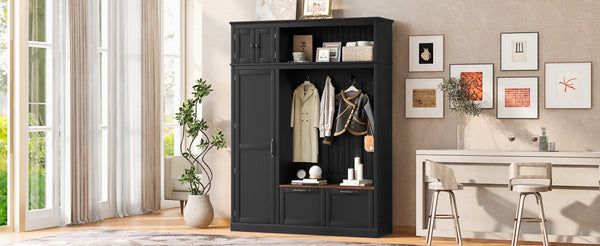 English Elm 3-in-1 Entryway Hall Tree with Cabinet Hooks Bench Drawers and Adjustable Shelving Black SJ000160AAB