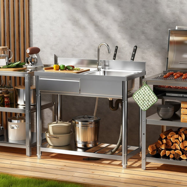English Elm 304 Stainless Steel Freestanding Outdoor Sink Station with Workbench and Storage Shelf W3190P371785