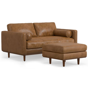 English Elm Morrison Caramel Brown 72" Leather Sofa & Ottoman Set — Mid-Century Modern, Feather-Filled Comfort B136P199199