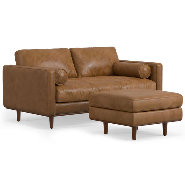 English Elm Morrison Caramel Brown 72" Leather Sofa & Ottoman Set — Mid-Century Modern, Feather-Filled Comfort B136P199199