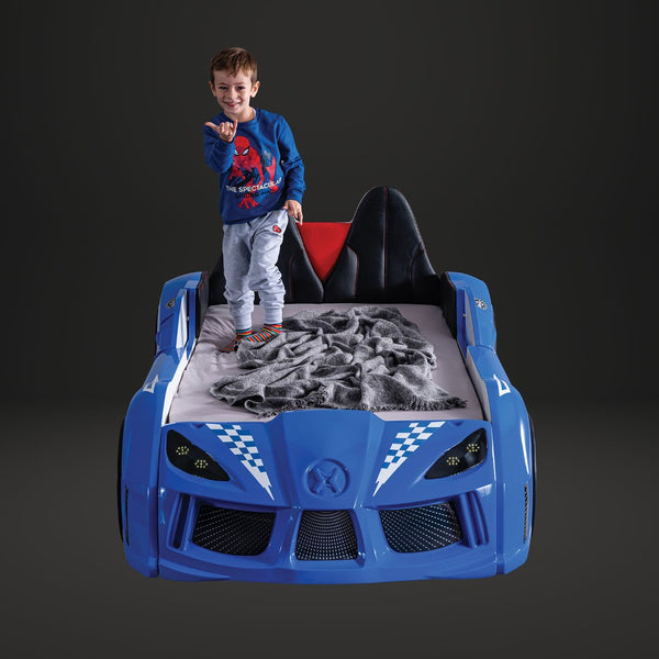 English Elm Modern Race Car Twin Bed with Led Lights Magnetic Doors and Leatherette Upholstery Blue B2741S00912