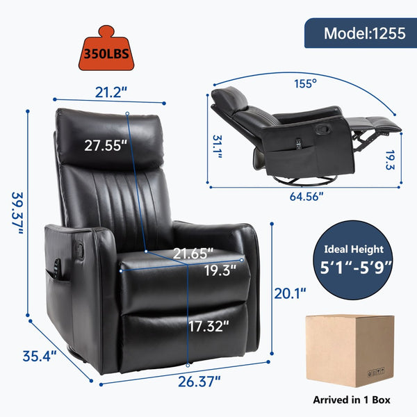 English Elm Blue Fabric Swivel Rocker Recliner with Massage Heat Nodes for Living Room Comfort Black Pu W1803P321812