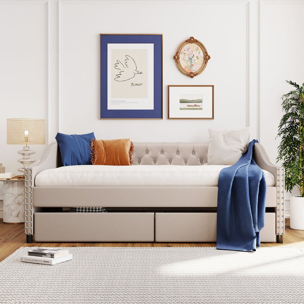 English Elm Upholstered Full Daybed with Linen Tufted Back Rivet Arms and Two Storage Drawers LP002111AAA