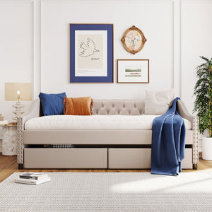 English Elm Upholstered Full Daybed with Linen Tufted Back Rivet Arms and Two Storage Drawers LP002111AAA