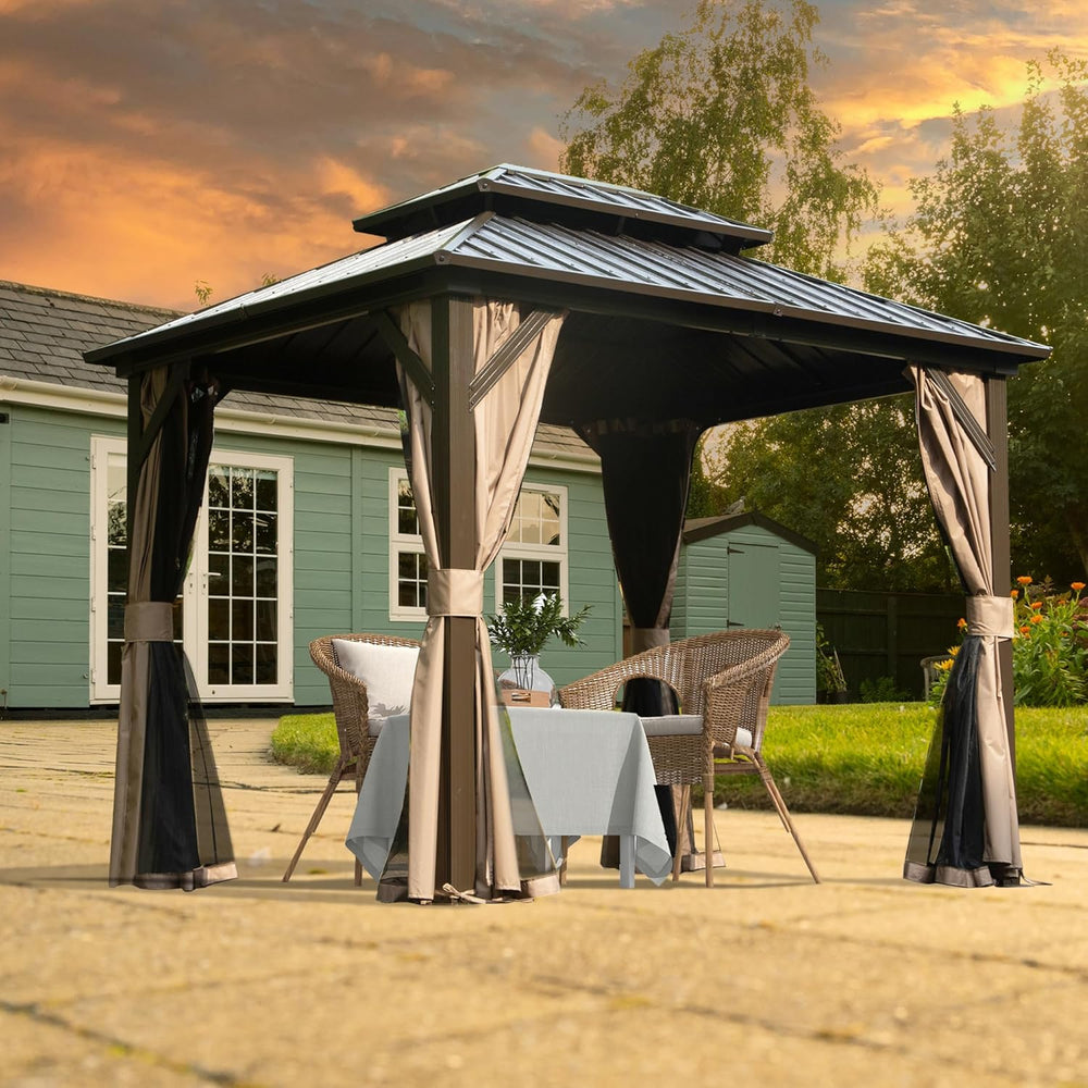 English Elm 8' Hardtop Gazebo 8x10 Aluminum Pavilion with Double Roof, Curtains & Netting for Outdoor Events Brown W1859S00149