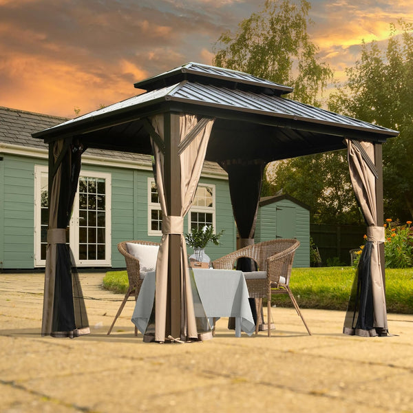 English Elm 8' Hardtop Gazebo 8x10 Aluminum Pavilion with Double Roof, Curtains & Netting for Outdoor Events Brown W1859S00149