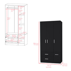 English Elm Four Door Armoire Crosby Black - Spacious Engineered Wood Wardrobe with Rod, Shelves & Drawers, Durable Design B092S00264