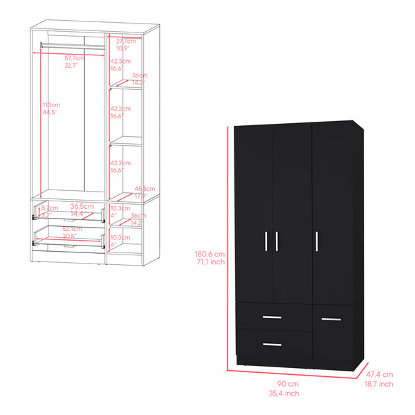 English Elm Four Door Armoire Crosby Black - Spacious Engineered Wood Wardrobe with Rod, Shelves & Drawers, Durable Design B092S00264