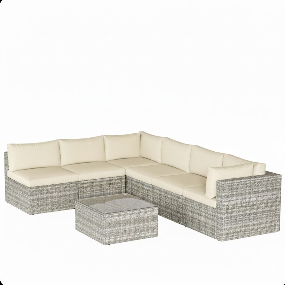 English Elm 7-piece Outdoor Modular Sectional Pe Wicker Patio Set with Tempered Glass Coffee Table Beige+Brown B082S00063