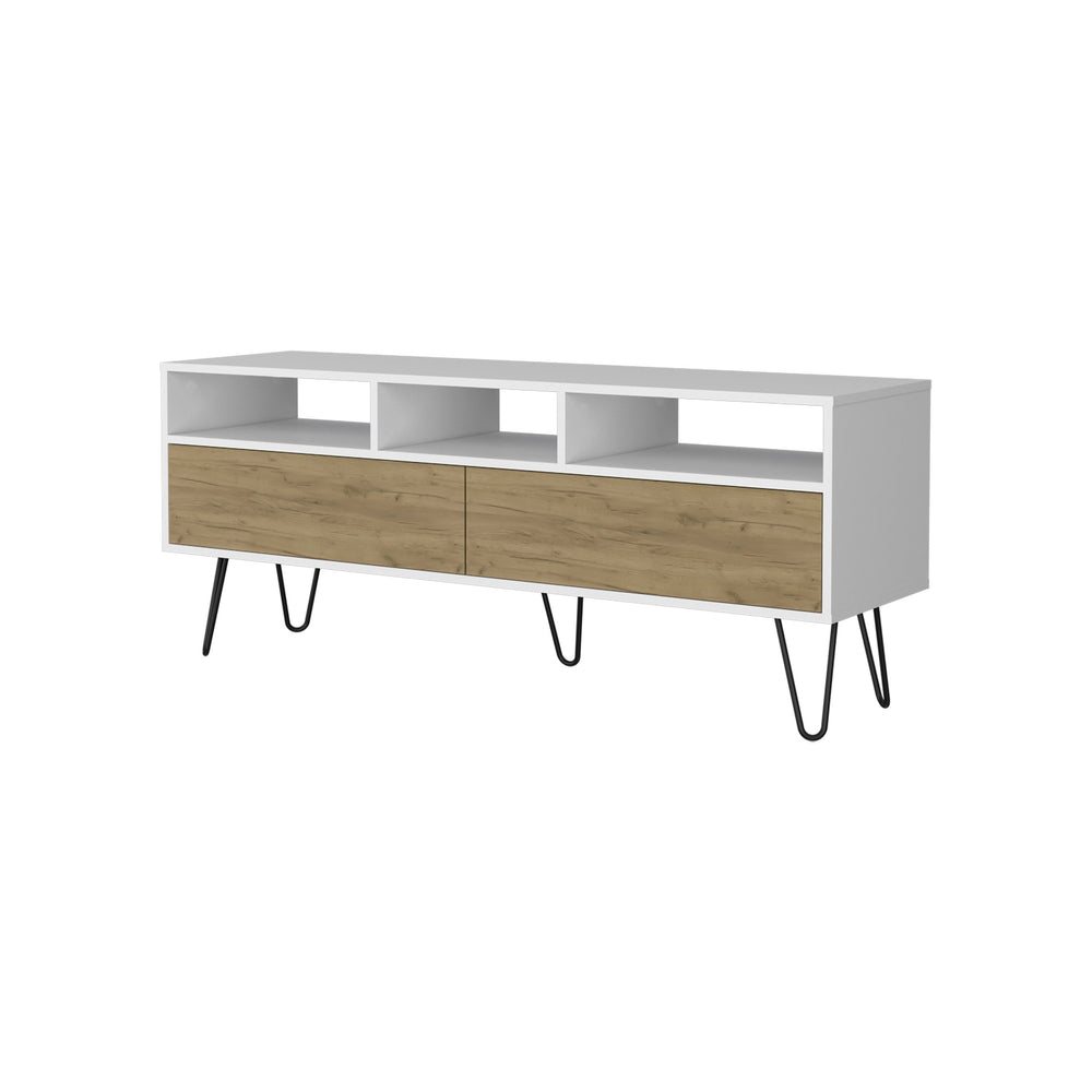 English Elm Olds Mid-Century TV Stand with Hairpin Legs, 2 Doors & Open Shelves — White and Oak Finish B128P287515