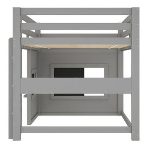 English Elm Twin Loft Bed House Frame with Sliding Chalkboard Built-in Bookshelf and Safety Rails Gray W1580S00320