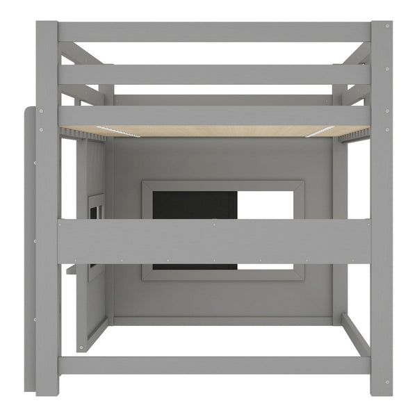 English Elm Twin Loft Bed House Frame with Sliding Chalkboard Built-in Bookshelf and Safety Rails Gray W1580S00320