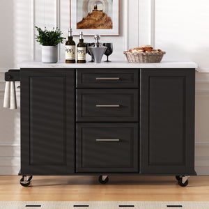 English Elm K&K Vintage Convex Kitchen Island Cart with Faux Marble Top, Tilt Trash, Pull-Out Organizer, Wheels Black N707P299008B