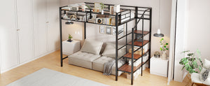 English Elm Twin Metal Loft Bed with Upper Grid Storage Shelf and 4-Layer Ladder Shelves for Space Saving Black SF100081AAB