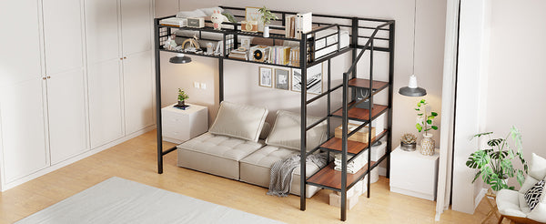English Elm Twin Metal Loft Bed with Upper Grid Storage Shelf and 4-Layer Ladder Shelves for Space Saving Black SF100081AAB