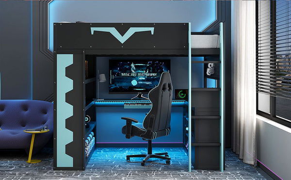 English Elm Full Size Gaming Loft Bed with Desk Rgb Lighting Power Outlet and Storage Drawer Blue LT000285AAC